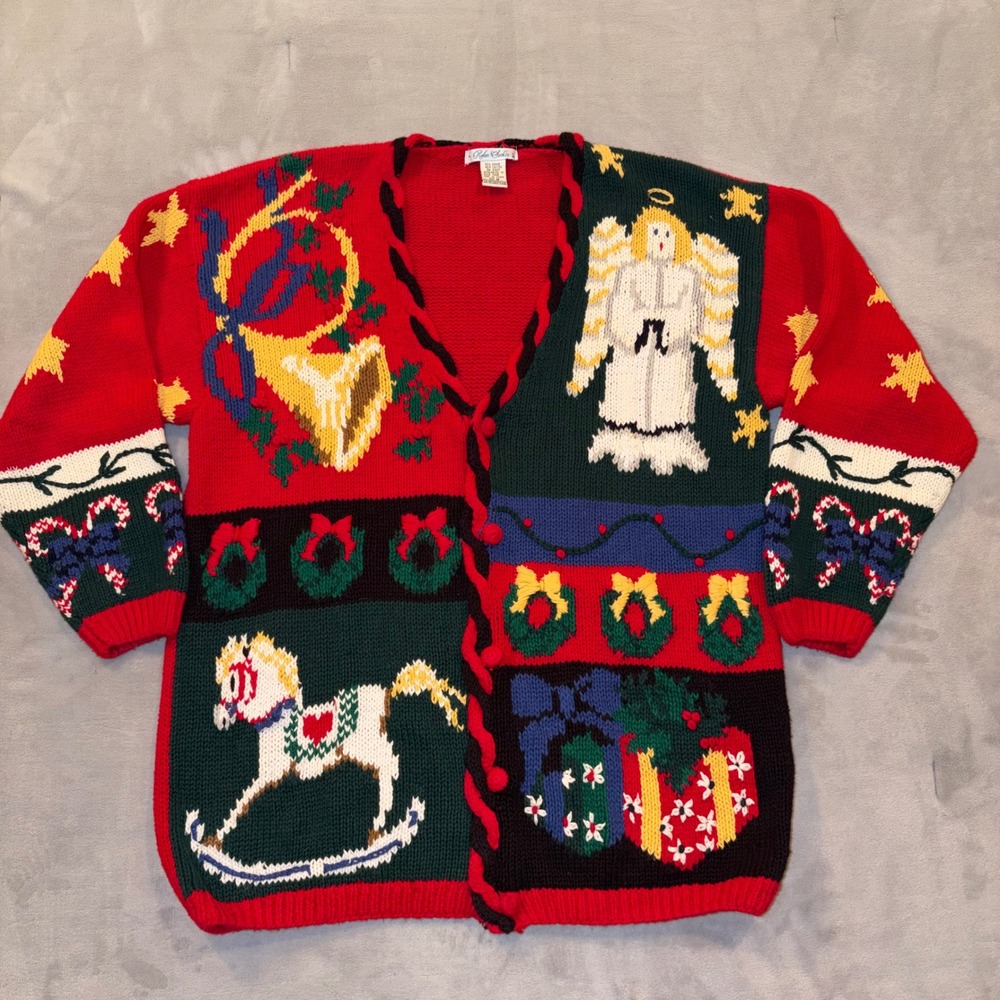 Vintage Robin Sinkler‎ Christmas Cardigan Sweater Angel Rocking Horse Red Medium